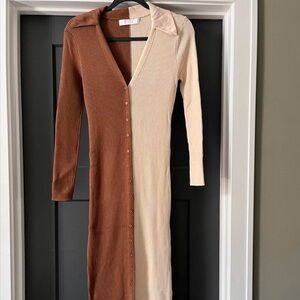 Astr Brown and Cream Long Sleeve Dress